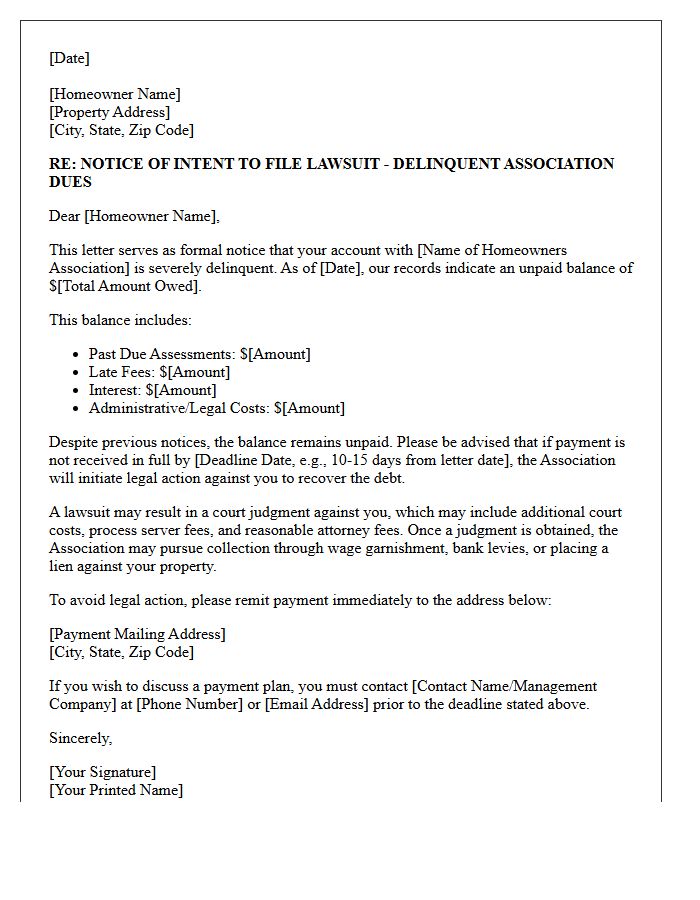 Intent to File Suit Letter for Delinquent Association Dues