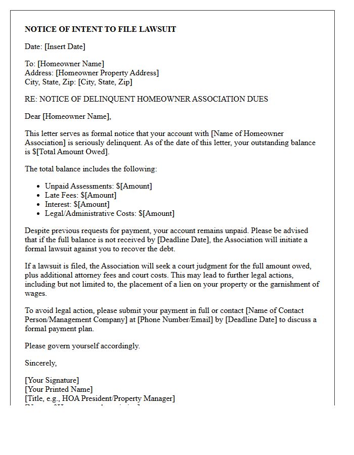 Notice of Pending Lawsuit Letter for Overdue Homeowner Association Dues
