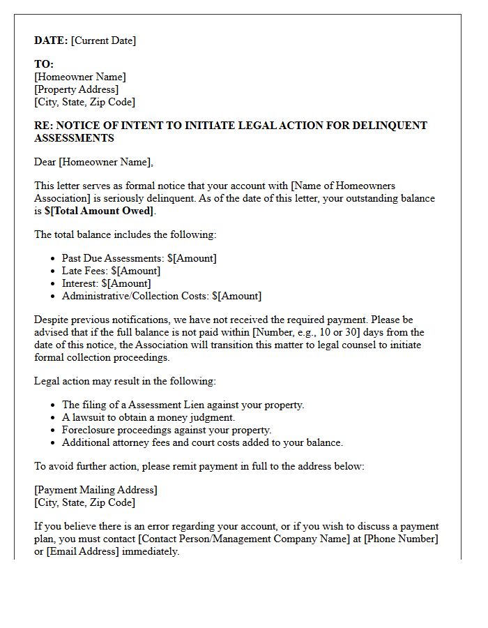 Pre-Legal Action Letter for Delinquent Homeowner Association Assessments
