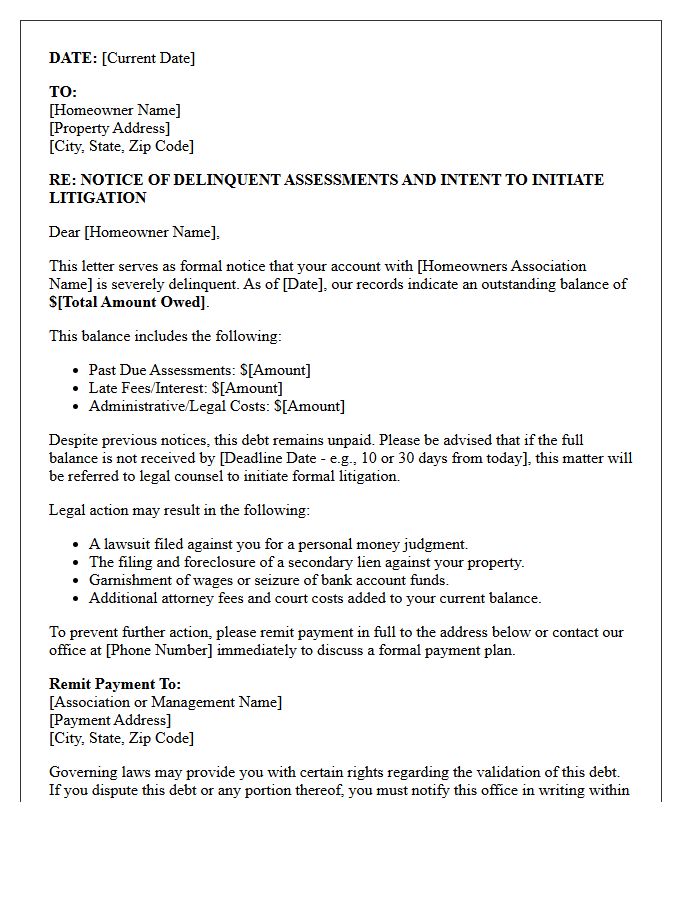 Pre-Litigation Collection Letter for Delinquent Homeowner Assessments