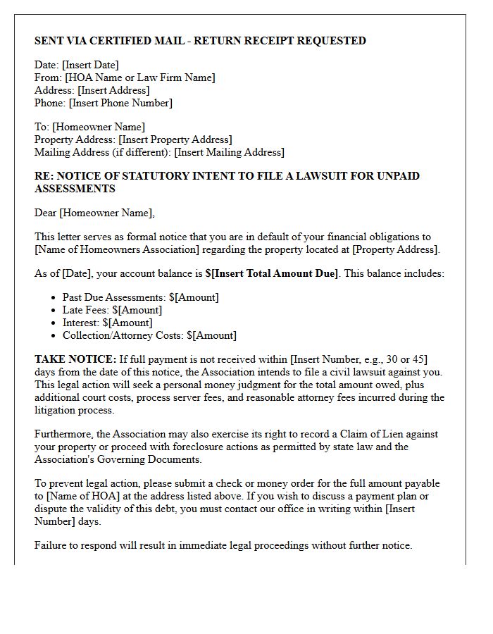 Statutory Intent to Sue Letter for Homeowner Association Debt Recovery