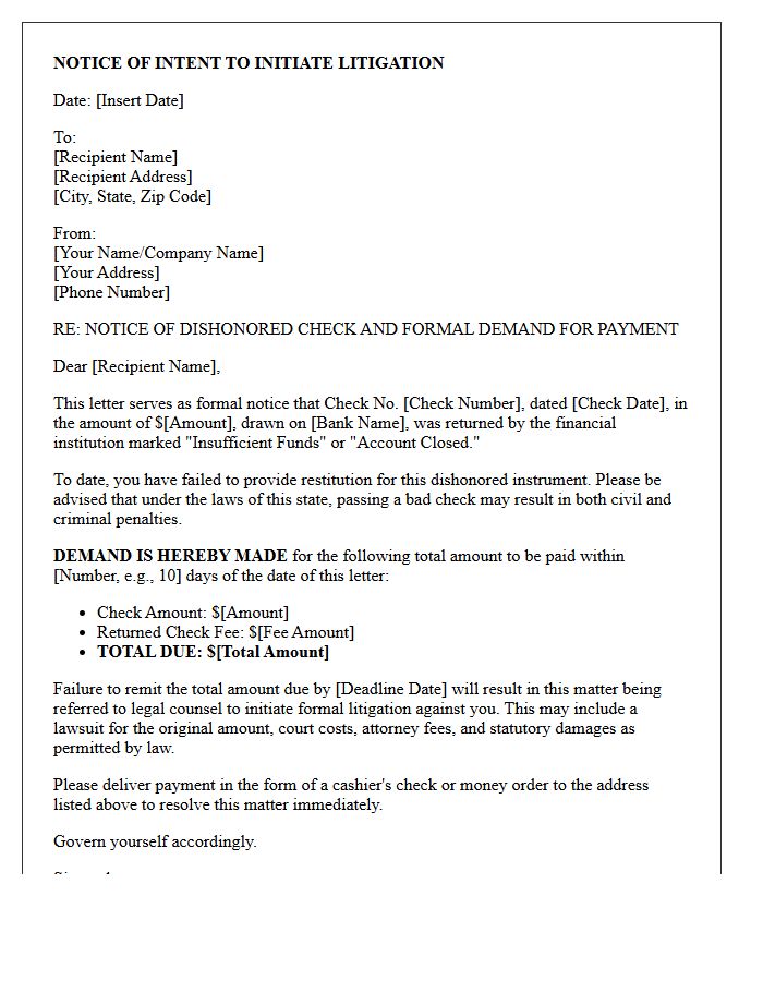 Bad Check Debt Collection Litigation Notice Letter