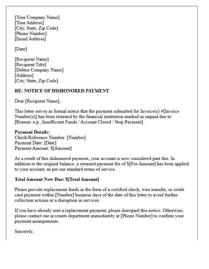 Commercial Debt Dishonored Payment Notice Letter