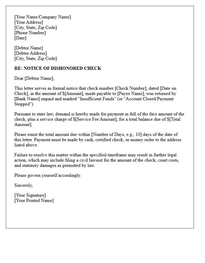 Debt Collection Dishonored Check Action Letter