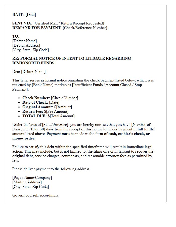 Dishonored Funds Intent to Litigate Letter