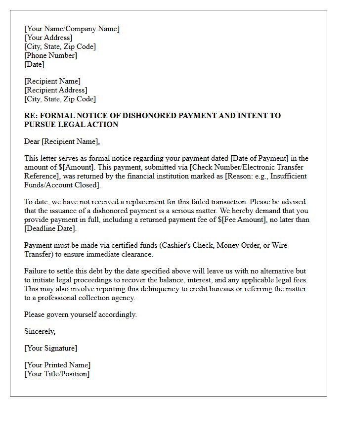 Dishonored Payment Legal Action Warning Letter