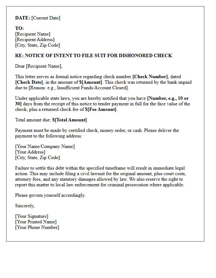 Intent to File Suit for Bounced Check Letter