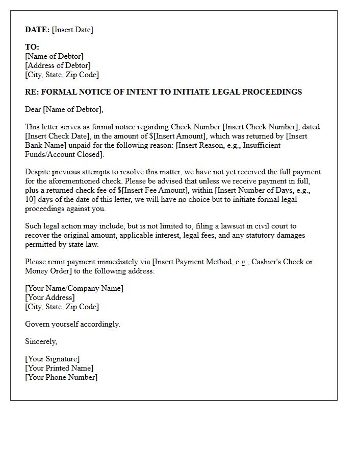 Legal Proceedings Notice for Unpaid Check Letter
