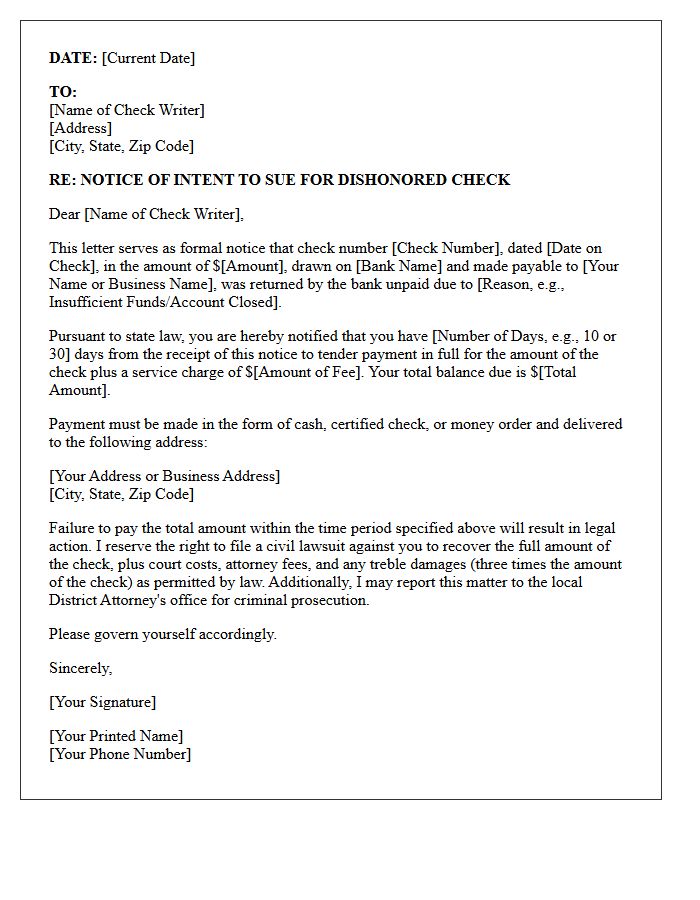 Notice of Intent to Sue for Bad Check Letter