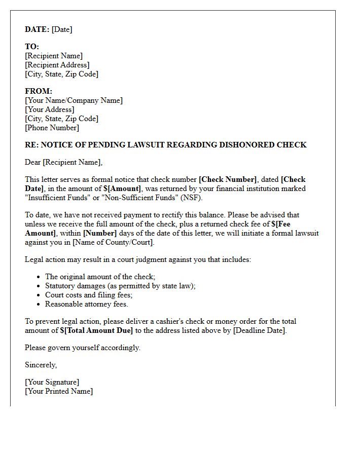 Notice of Lawsuit for Insufficient Funds Letter