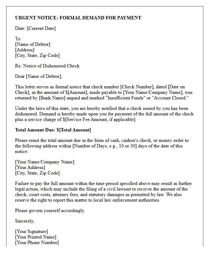 Pre-Suit Demand Letter for Returned Check