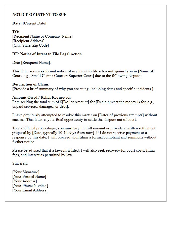 Date Of Intent To Sue Letter