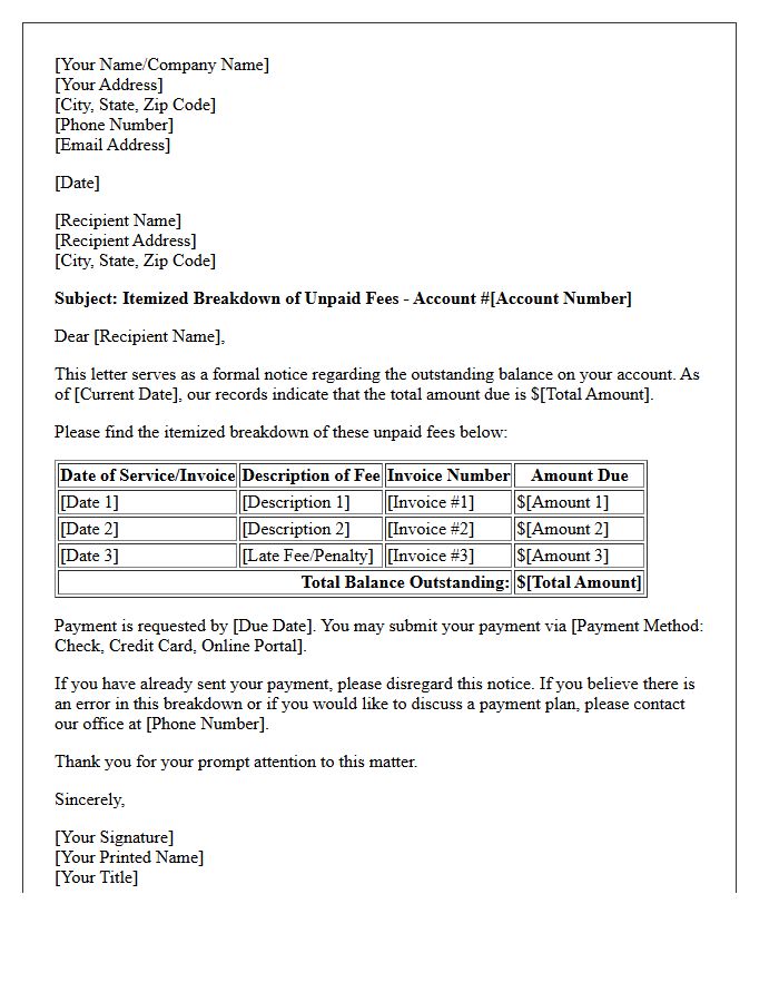 Itemized Breakdown Of Unpaid Fees