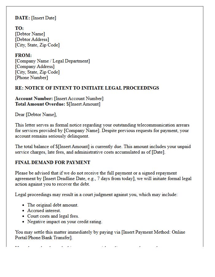 Debt Collection Intent to Sue Letter for Telecommunication Arrears
