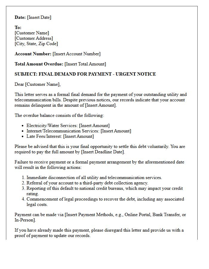 Final Demand Letter for Unpaid Utility and Telecommunication Bills