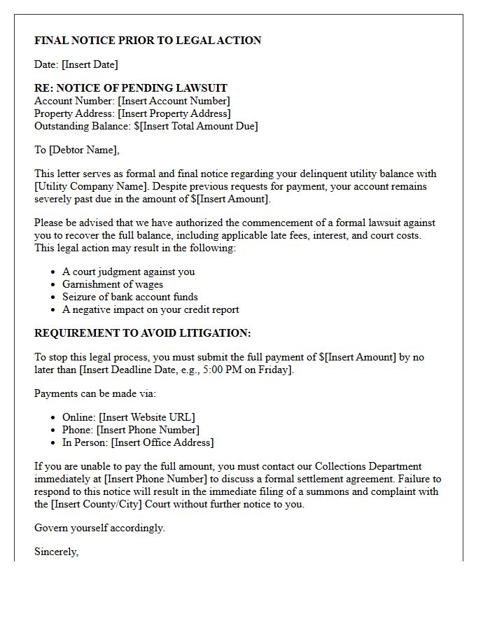 Final Notice of Pending Lawsuit Letter for Utility Balances