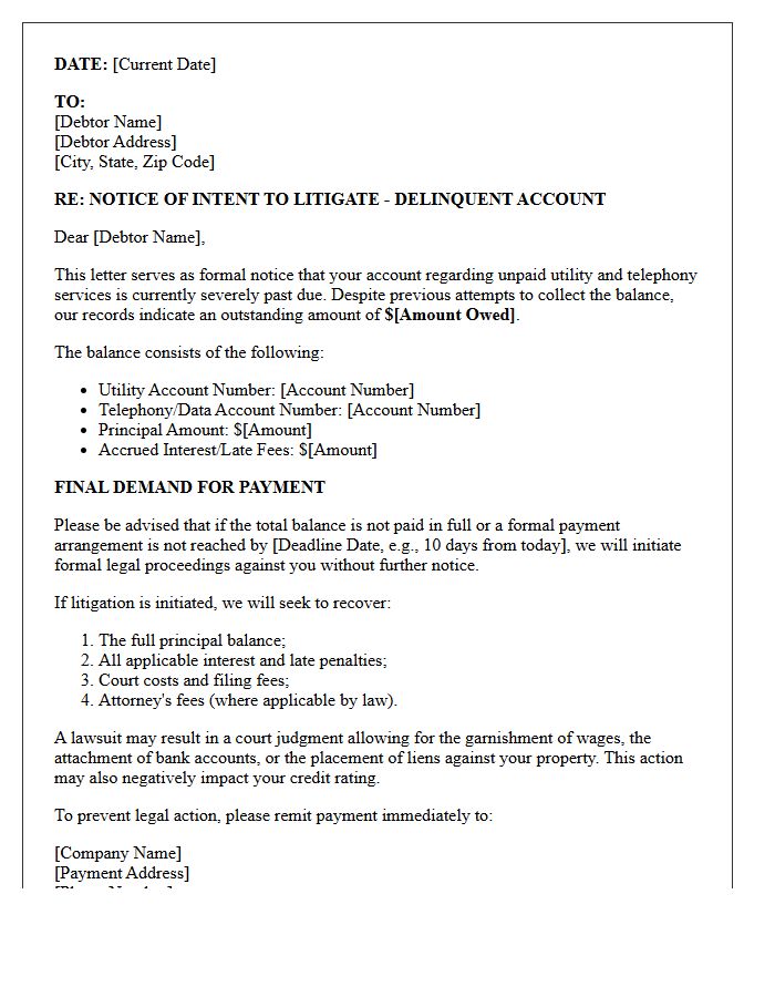Intent to Litigate Letter for Unpaid Utility and Telephony Balances