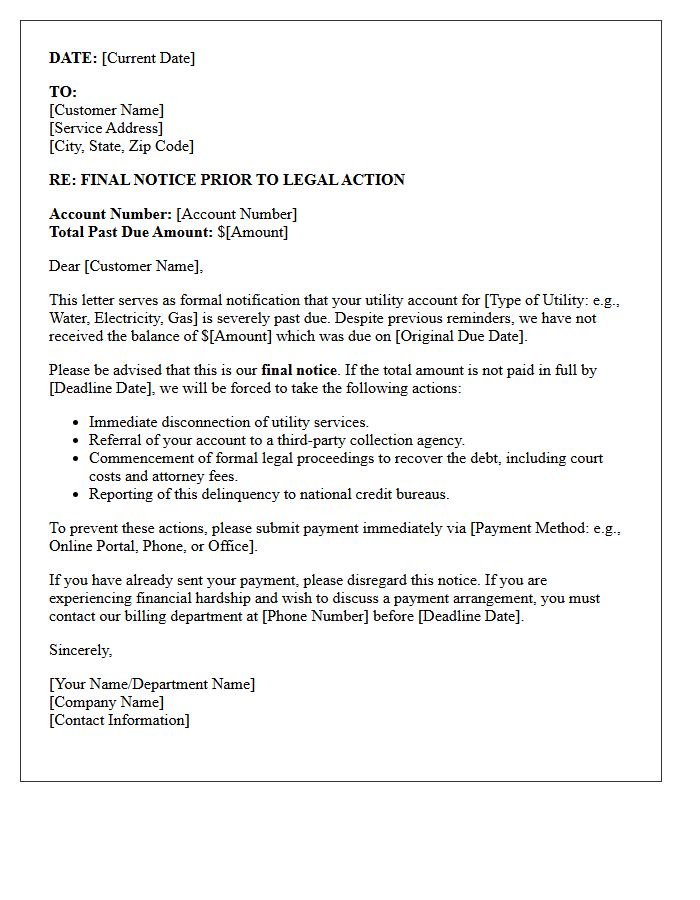 Legal Action Notification Letter for Unpaid Utility Services