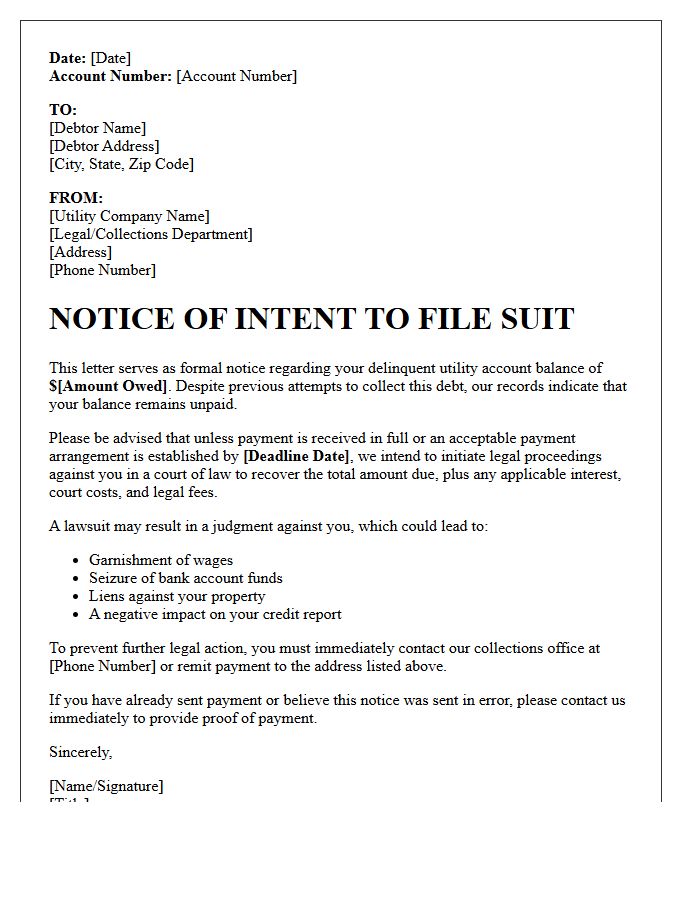Notice of Intent to File Suit Letter for Utility Debt Collection