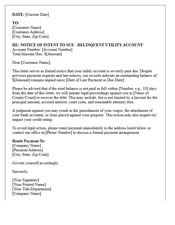 Notice of Intent to Sue Letter for Delinquent Utility Accounts