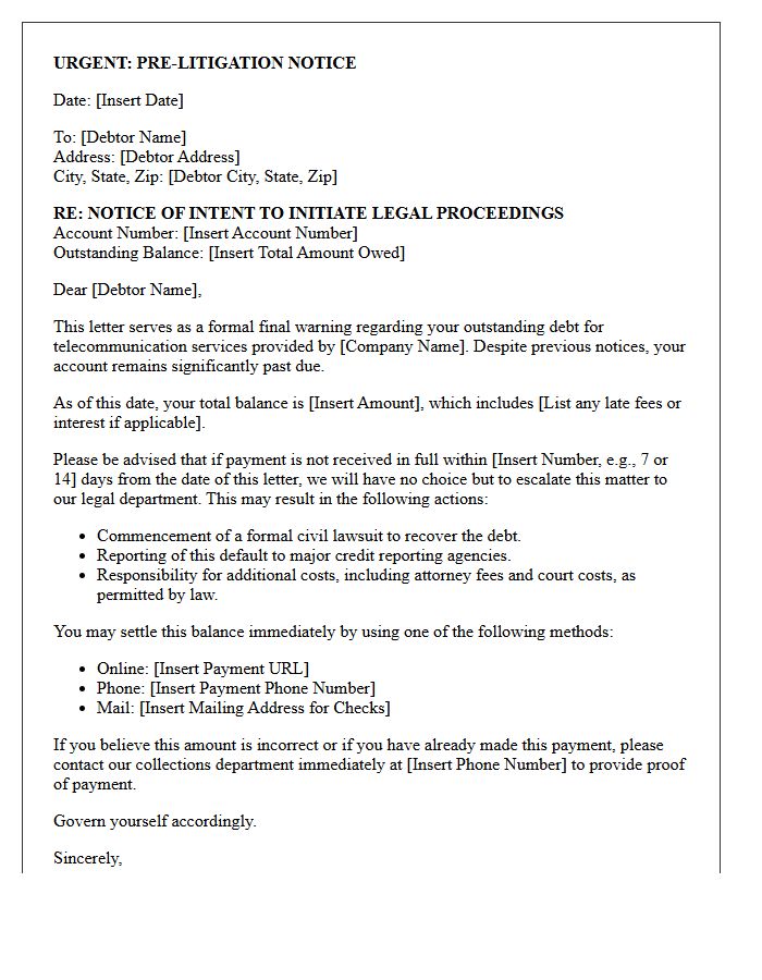 Pre-Litigation Warning Letter for Outstanding Telecommunication Debt
