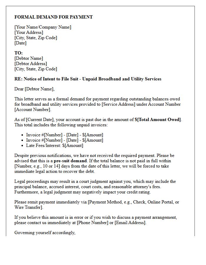 Pre-Suit Demand Letter for Unpaid Broadband and Utility Invoices