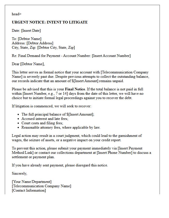 Telecommunication Debt Recovery Intent to Litigate Letter