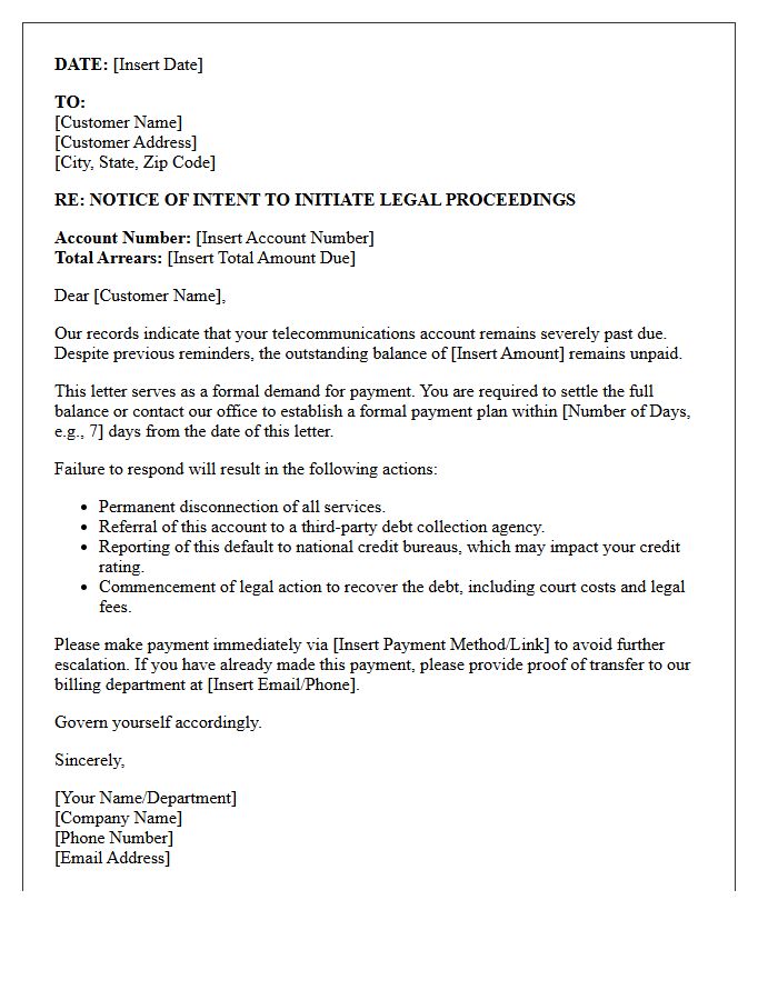 Telecommunication Service Arrears Legal Action Demand Letter