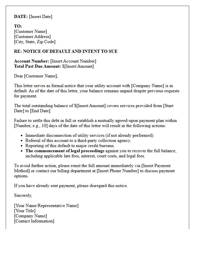Utility Account Default and Intent to Sue Letter
