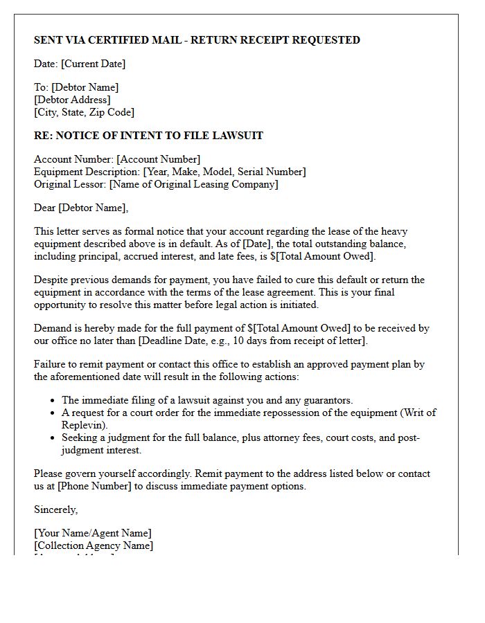 Collection Agency Intent to Sue Letter for Heavy Equipment Lease Default