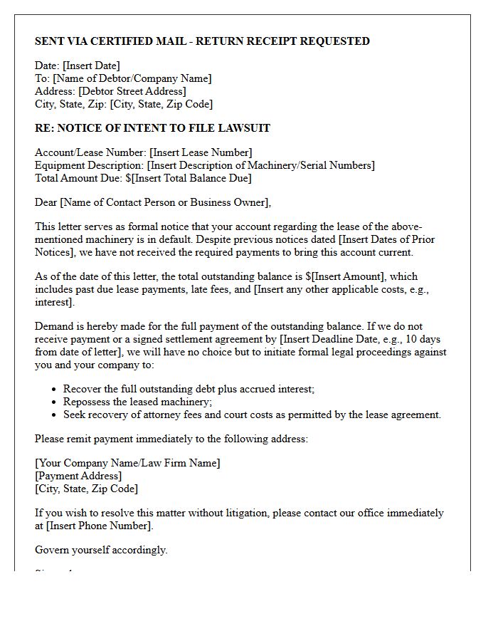 Commercial Debt Collection Intent to Sue Letter for Defaulted Machinery Lease