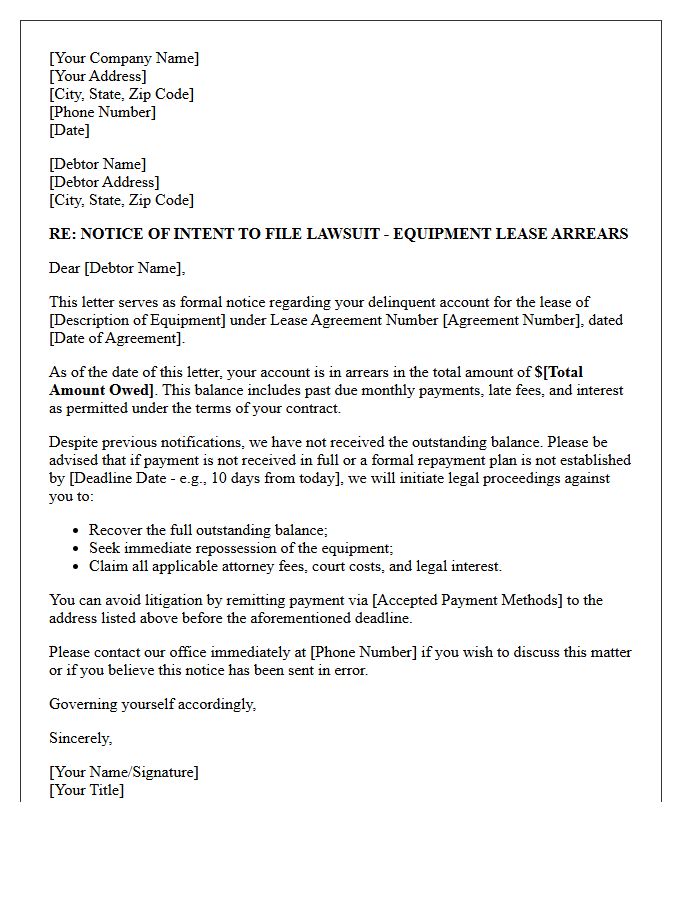 Creditor Notice of Intent to Sue Letter for Equipment Lease Arrears