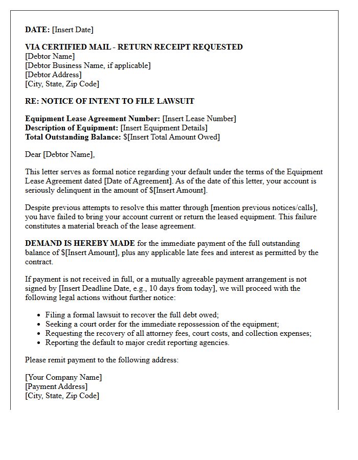 Debt Collection Intent to Sue Letter for Equipment Lease Agreement Default
