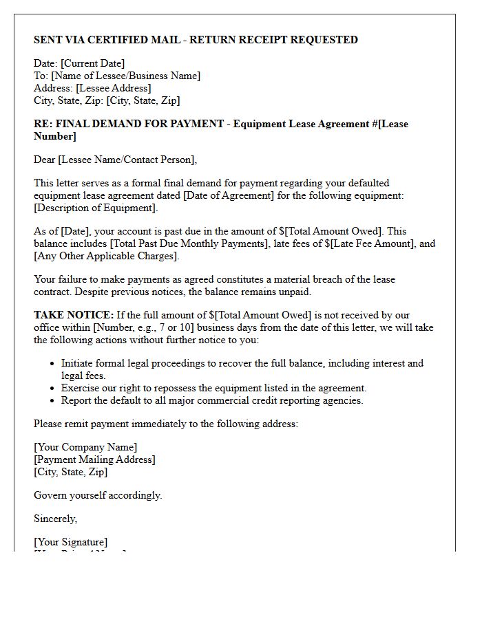 Final Demand and Intent to Sue Letter for Defaulted Equipment Lease