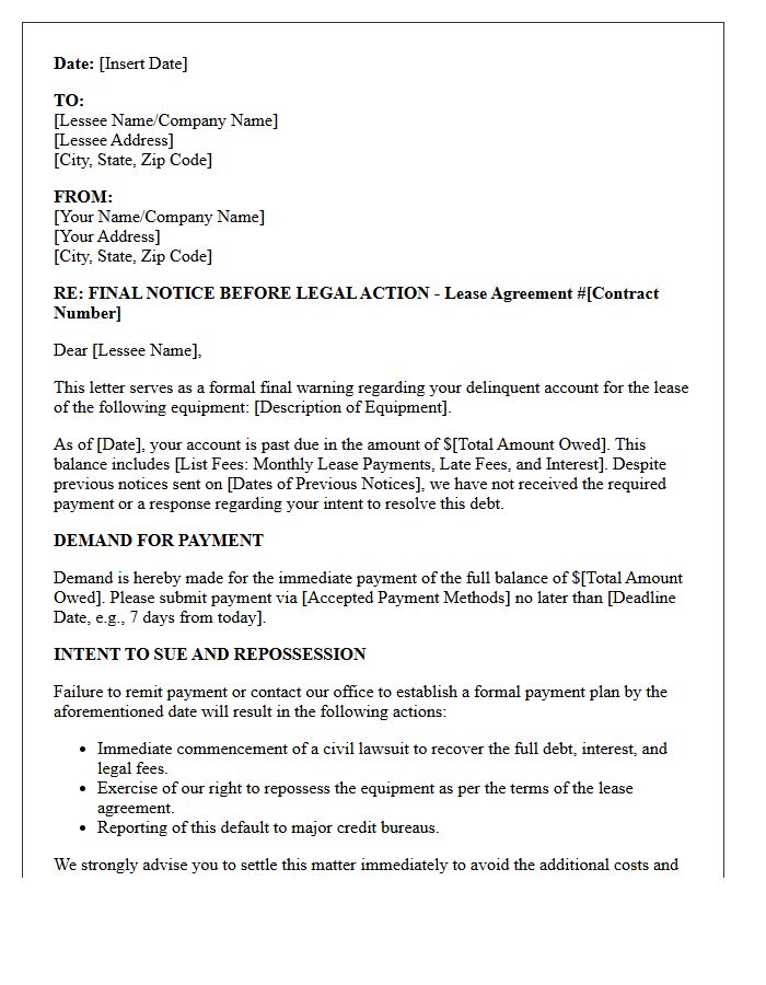 Final Warning and Intent to Sue Letter for Unpaid Equipment Lease