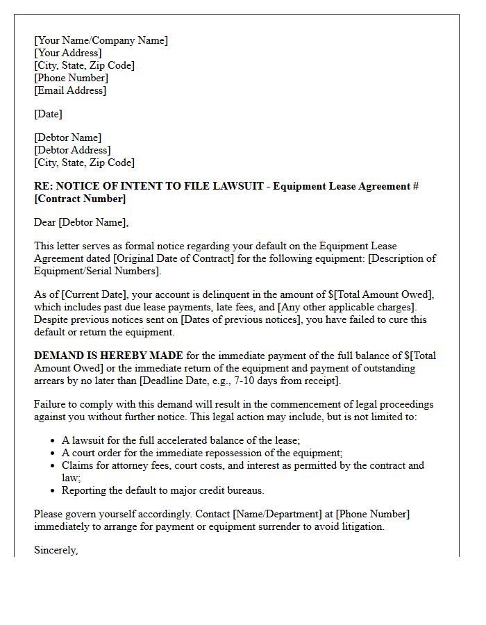 Legal Action Intent to Sue Letter for Defaulted Equipment Lease Contract