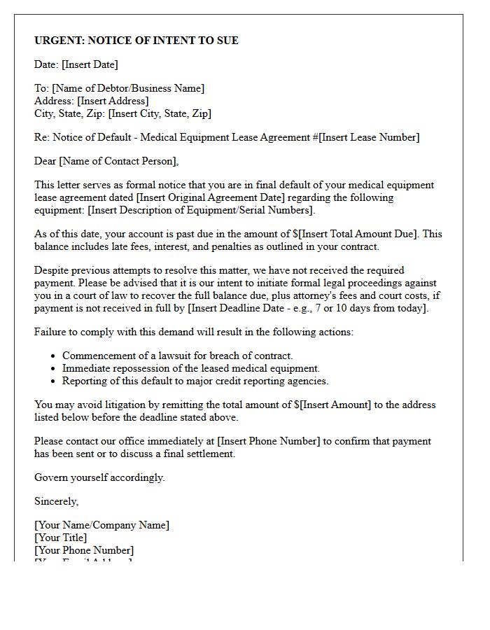 Litigation Warning Intent to Sue Letter for Defaulted Medical Equipment Lease