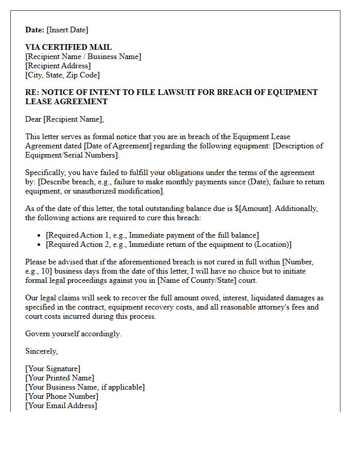 Notice of Intent to Sue Letter for Breach of Equipment Lease Agreement
