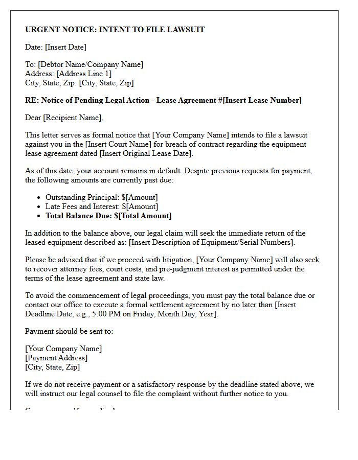Notice of Pending Lawsuit Letter for Defaulted Equipment Lease Agreement