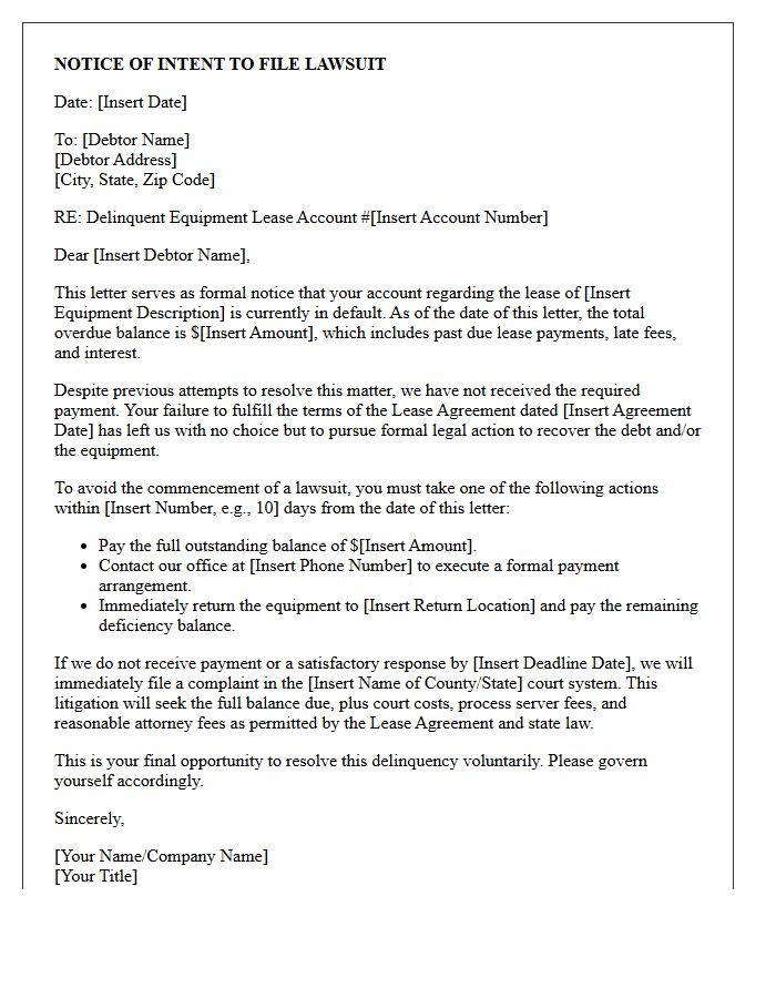 Pre-Litigation Intent to Sue Letter for Delinquent Equipment Lease