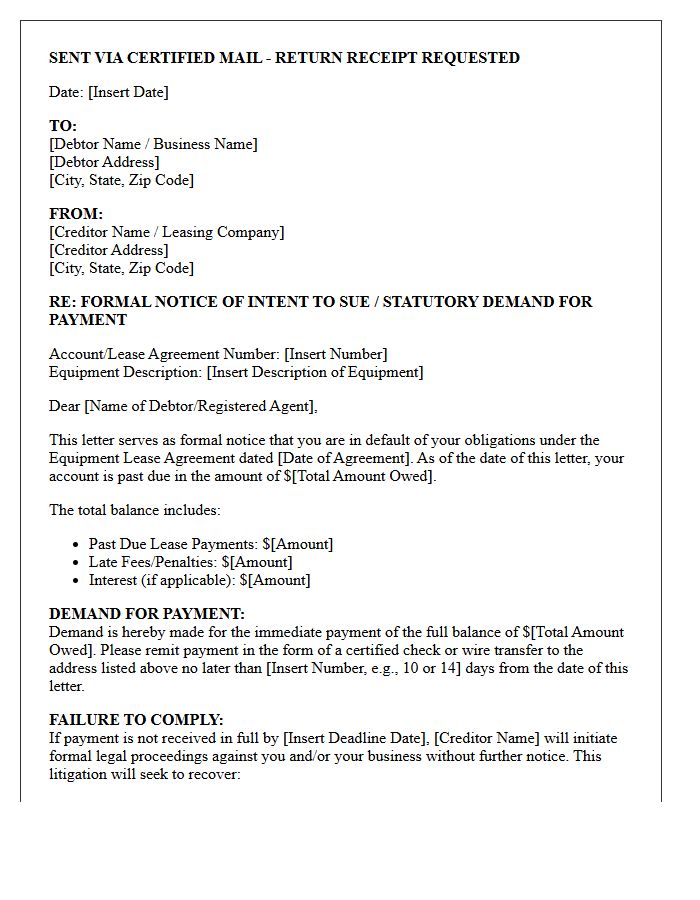 Statutory Intent to Sue Letter for Outstanding Equipment Lease Debt