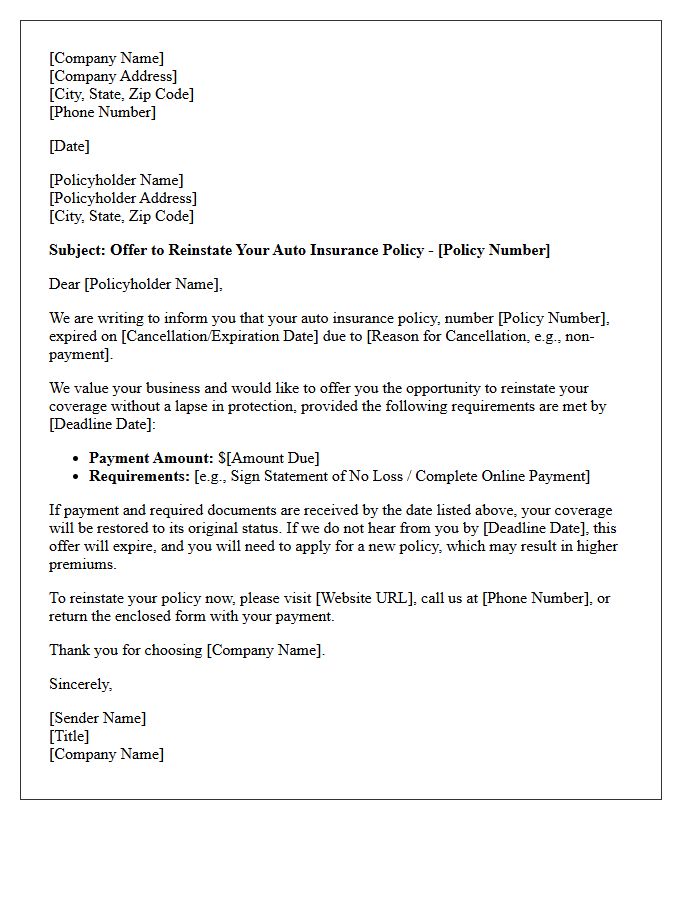 Auto Insurance Policy Reinstatement Offer Letter