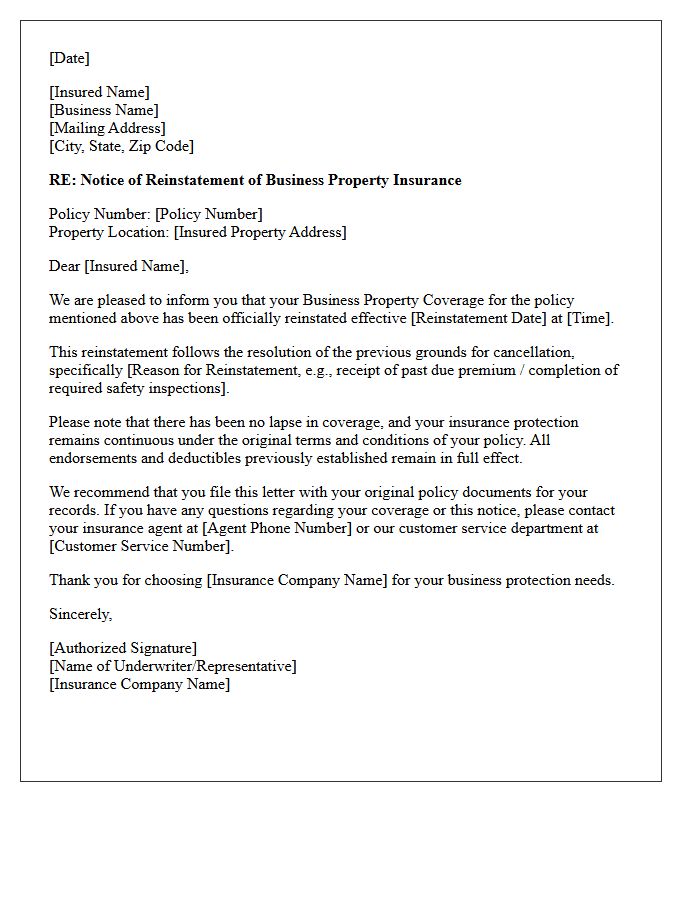 Business Property Coverage Reinstatement Letter