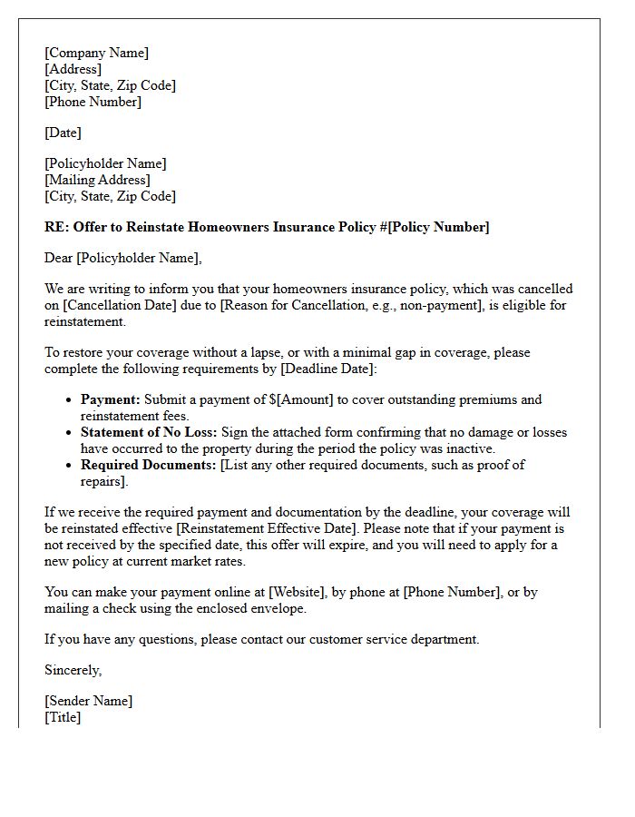 Homeowners Insurance Coverage Reinstatement Offer Letter