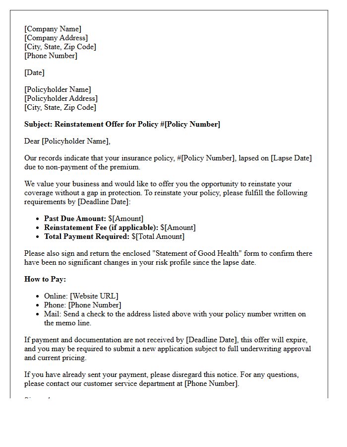 Overdue Premium Reinstatement Offer Letter