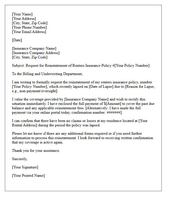Renters Insurance Lapsed Policy Reinstatement Letter