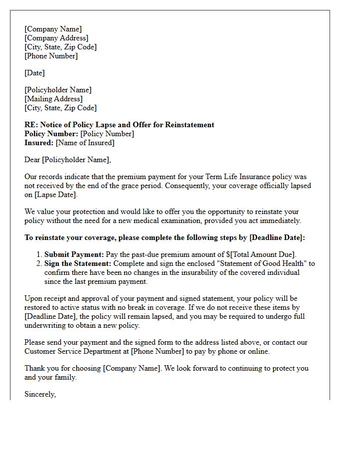 Term Life Grace Period Reinstatement Offer Letter