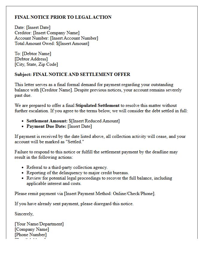 Debt Collection Final Notice Letter With Stipulated Settlement