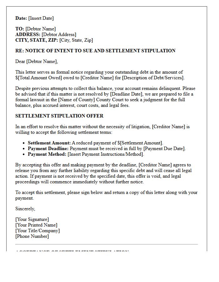 Debt Resolution Letter With Intent To Sue And Settlement Stipulation