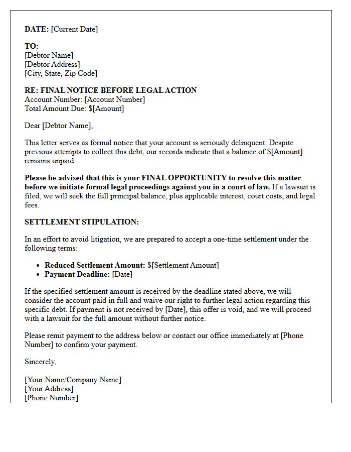 Delinquent Account Final Intent To Sue Letter With Settlement Stipulation